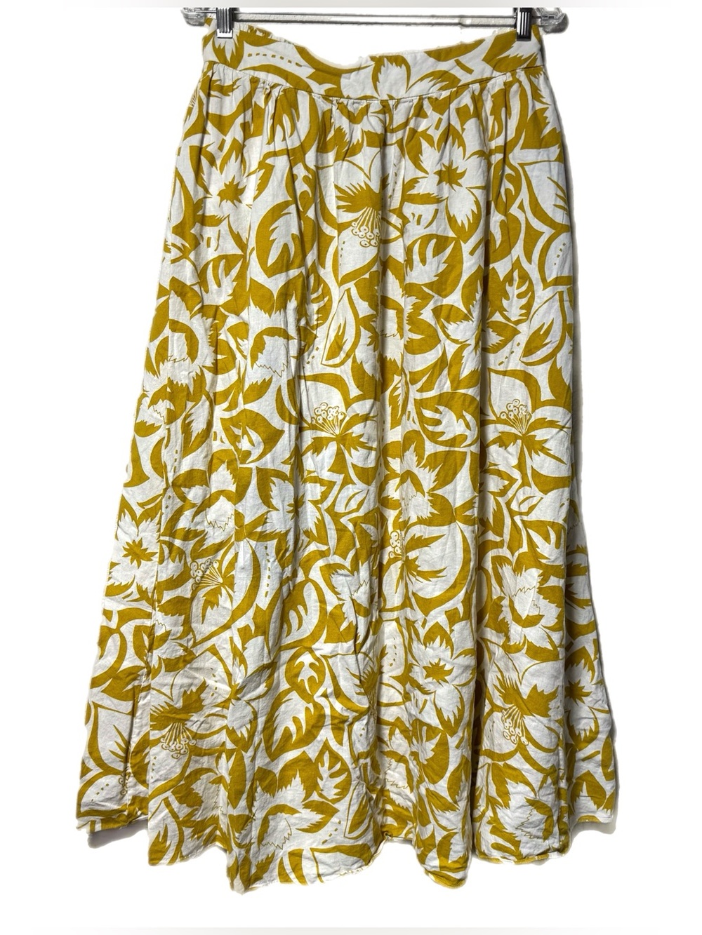 Madewell Linen Blend Shirred Maxi Skirt M Yellow Tropical Floral Boho Pockets